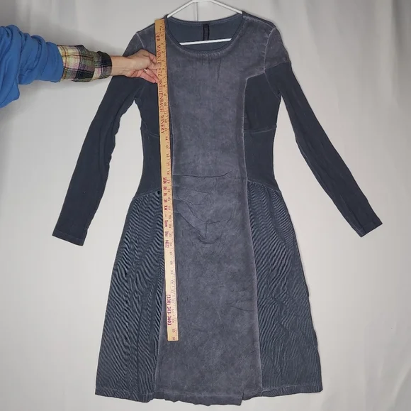 Oizini Dress Medium Women Blue Long Sleeve Mixed Print Lagenlook Gauzy Corduroy